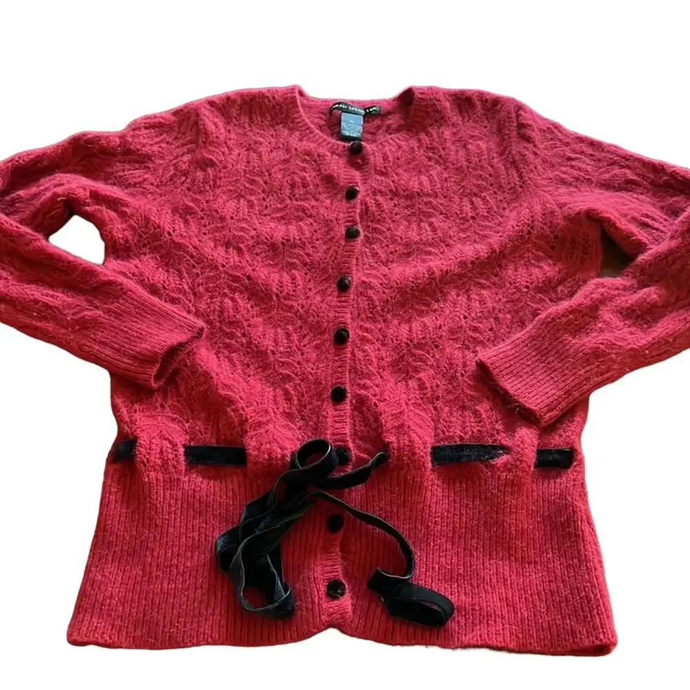 Sarah Spencer M Red Knit Cardigan Sweater with Black Velvet Ribbon and Buttons